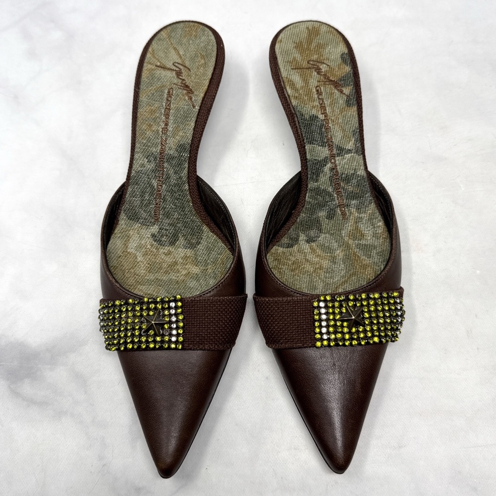 Giuseppe Zanotti Vicini Vintage Y2K Leather Pointed Toe Kitten Heel Mule Pumps